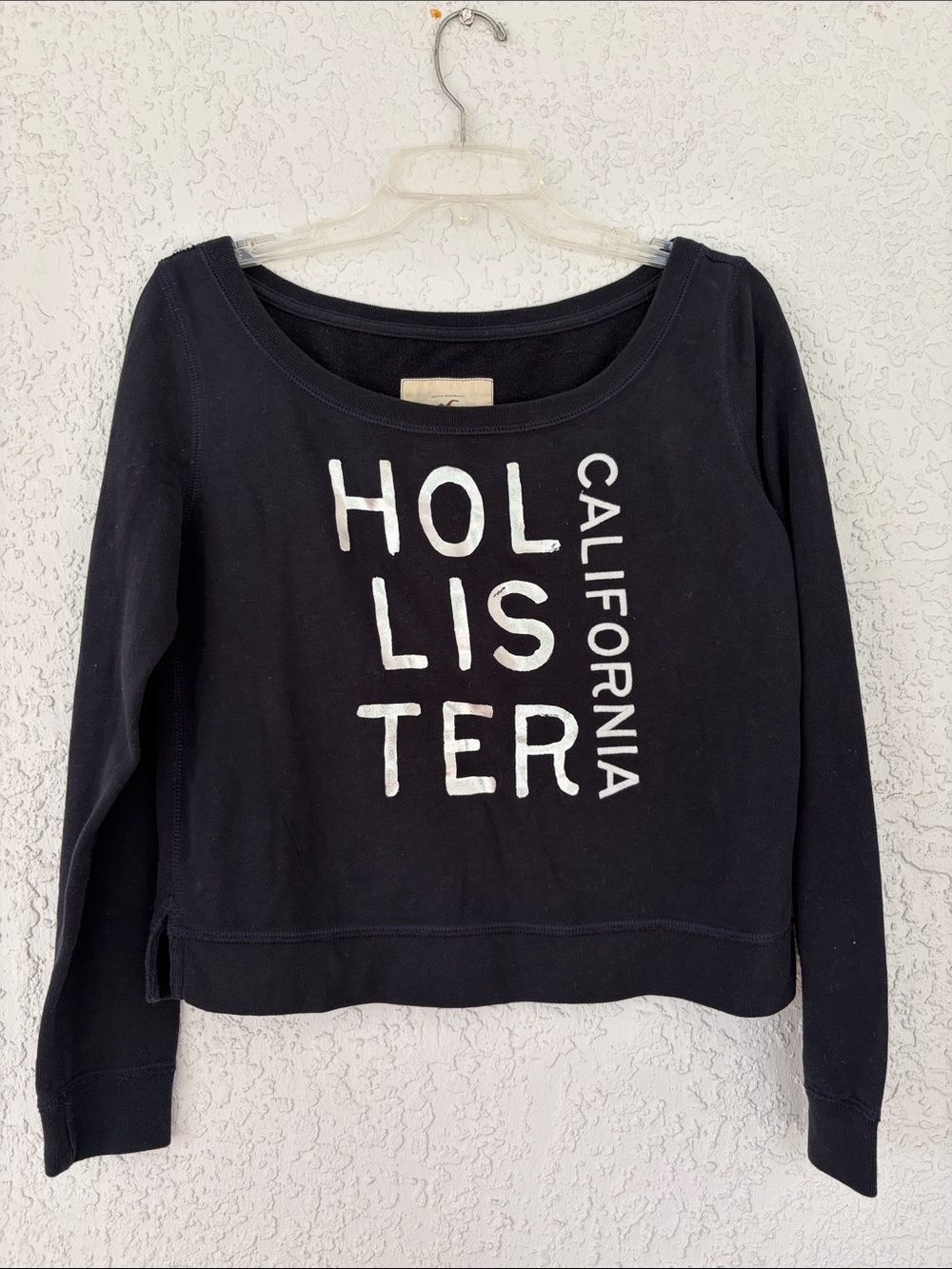 Hollister navy almost black Crewneck Sweatshirt with White Vertical Logo